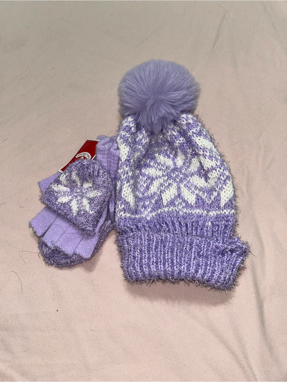 Lavender Snowflake Pom Beanie & Mittens Set